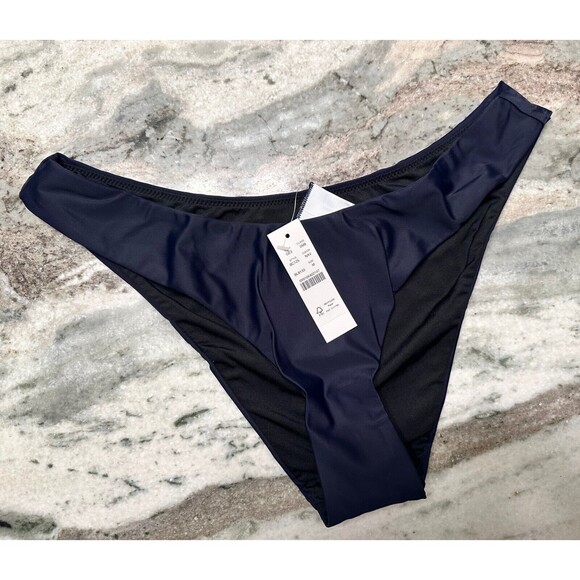 J Crew Bikini Bottom Womens Medium Navy Blue Curved Waist Cheeky High Legs Lined - Picture 1 of 5